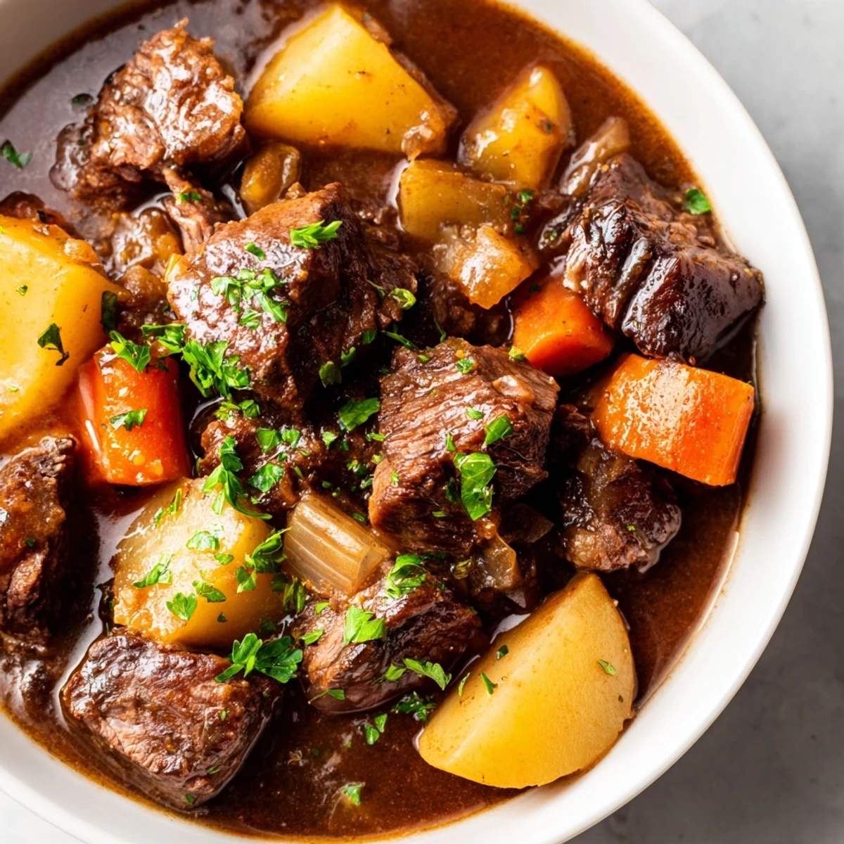 St. Patricks Day Irish Beef Stew ladled into a rustic ceramic bowl, garnished with fresh parsley.