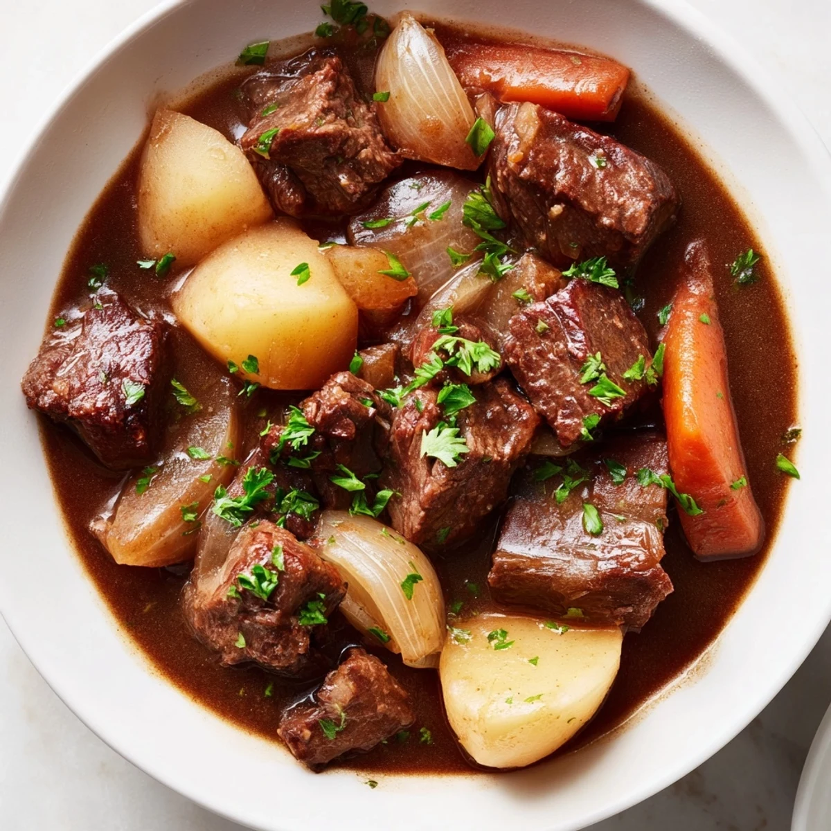 Steamy bowl of St. Patricks Day Irish Beef Stew with tender beef chunks, carrots, and potatoes.