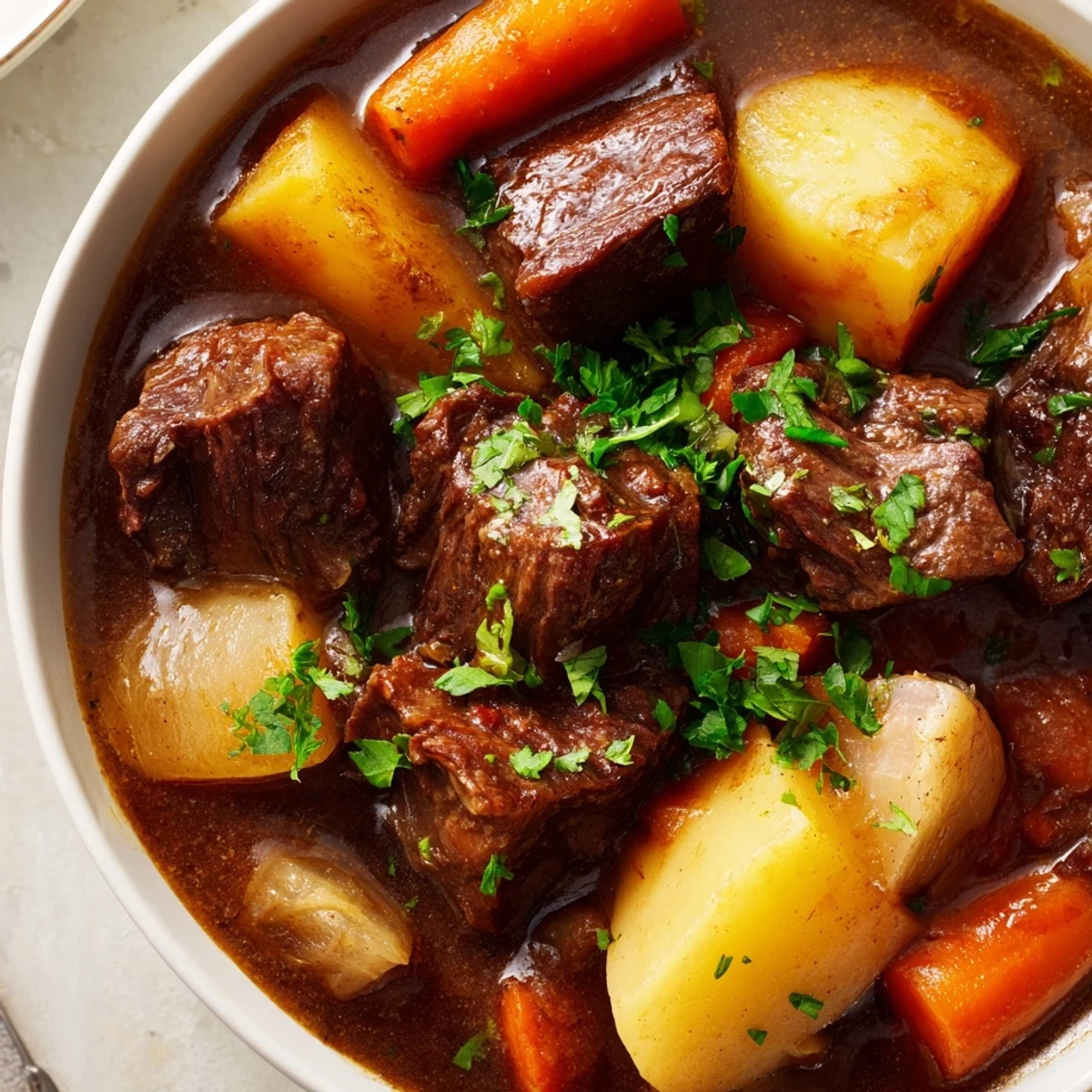 Hearty St. Patricks Day Irish Beef Stew served hot with crusty bread on a wooden table.