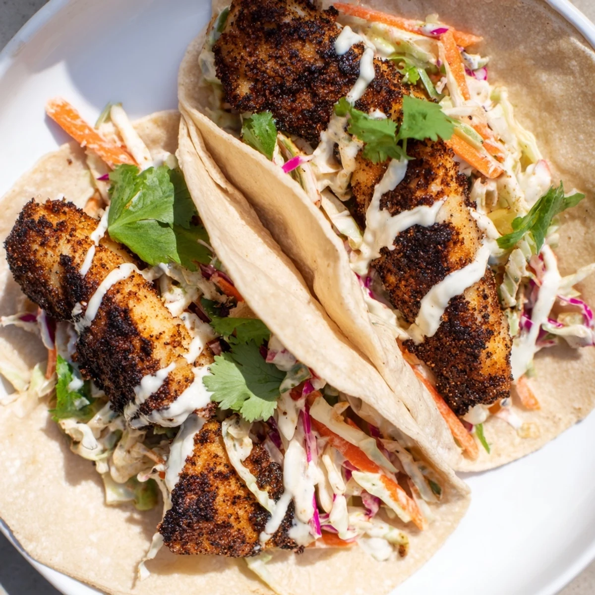 Warm corn tortillas are filled with spicy blackened fish, topped with crunchy purple and green cabbage slaw for Louisiana Blackened Fish Tacos.