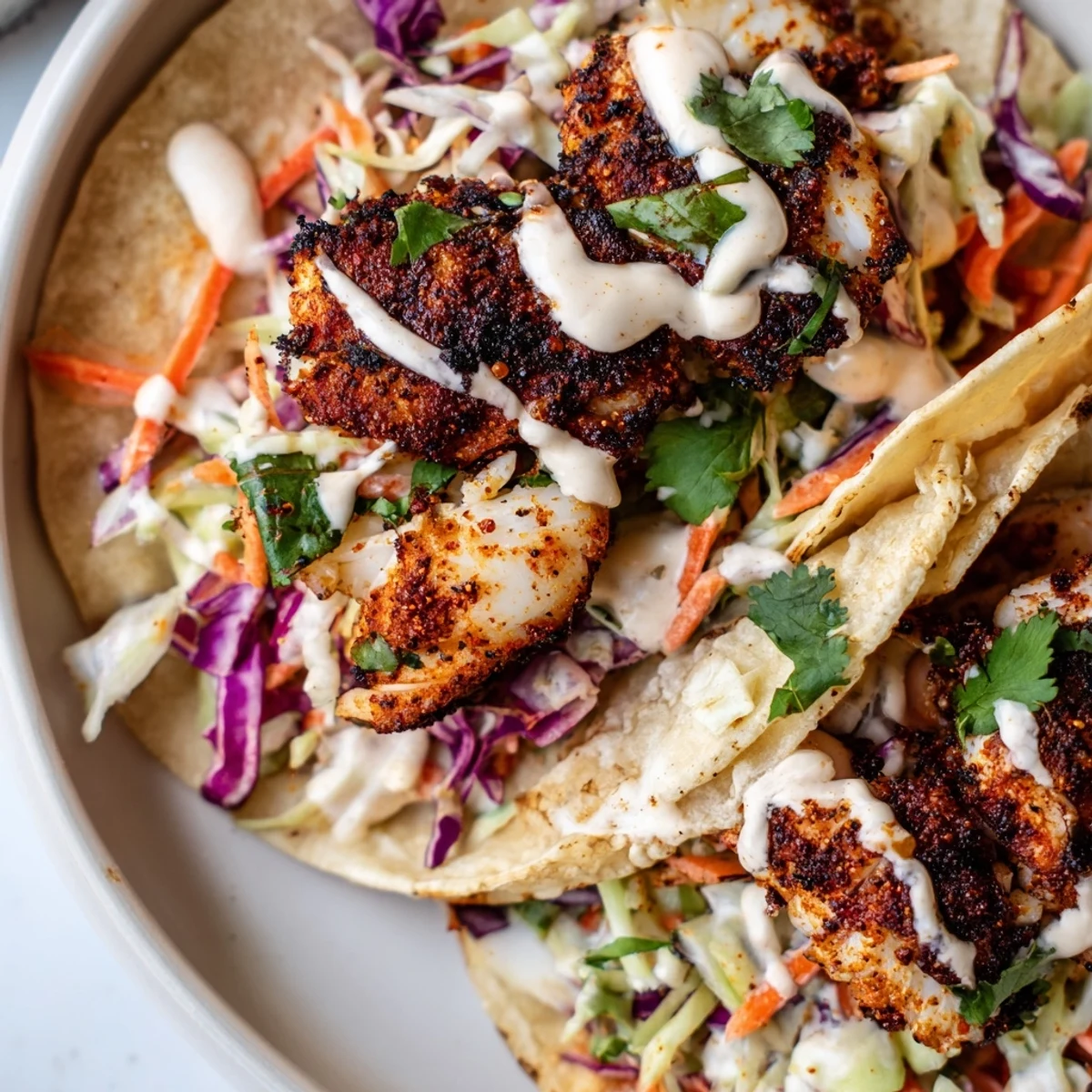 A creamy zesty sauce is drizzled over fully assembled Louisiana Blackened Fish Tacos garnished with fresh cilantro and served with lime wedges.