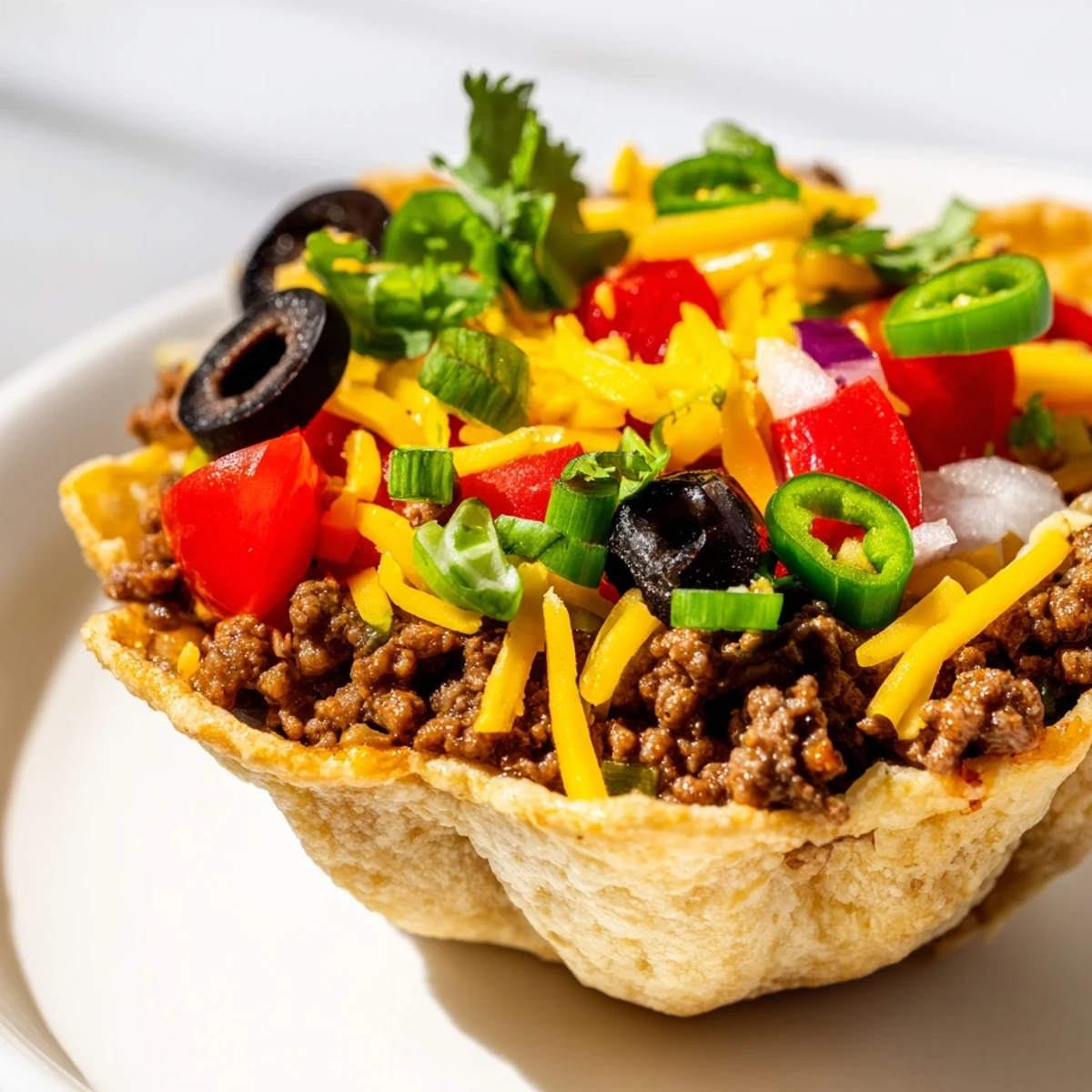 Golden-brown baked Touchdown Taco Cups with seasoned ground beef and melted cheddar, topped with sour cream and fresh green onions.