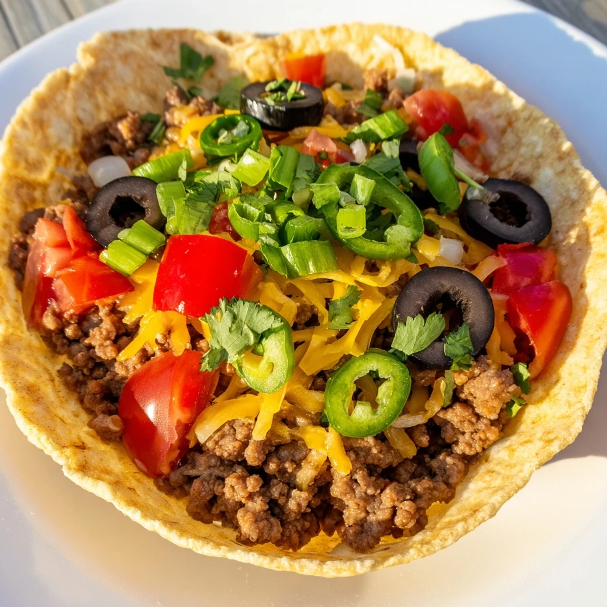 Freshly baked Touchdown Taco Cups with savory beef, gooey cheese, sliced jalapeños, and diced tomatoes served warm in a muffin tin.