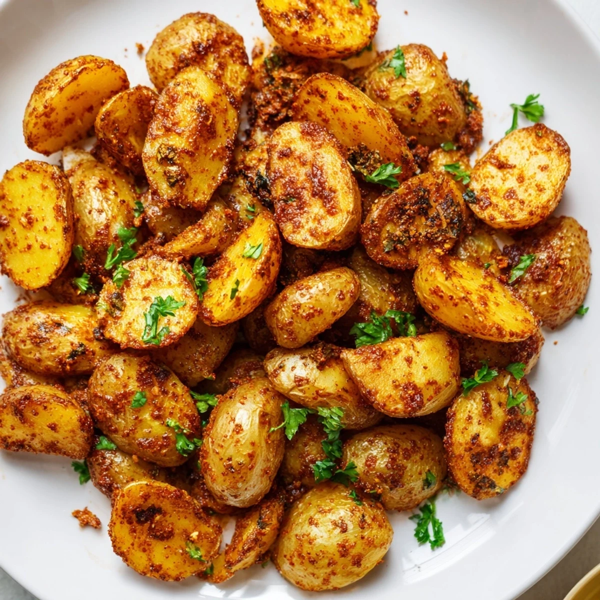 Close-up of tender Cajun Spiced Roasted Potatoes coated in bold spices, steaming hot and ready to serve as a gluten-free side dish.