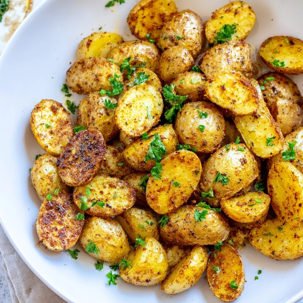Golden brown Cajun Spiced Roasted Potatoes with crispy edges and fresh parsley garnish on a baking sheet, served with lemon wedges.