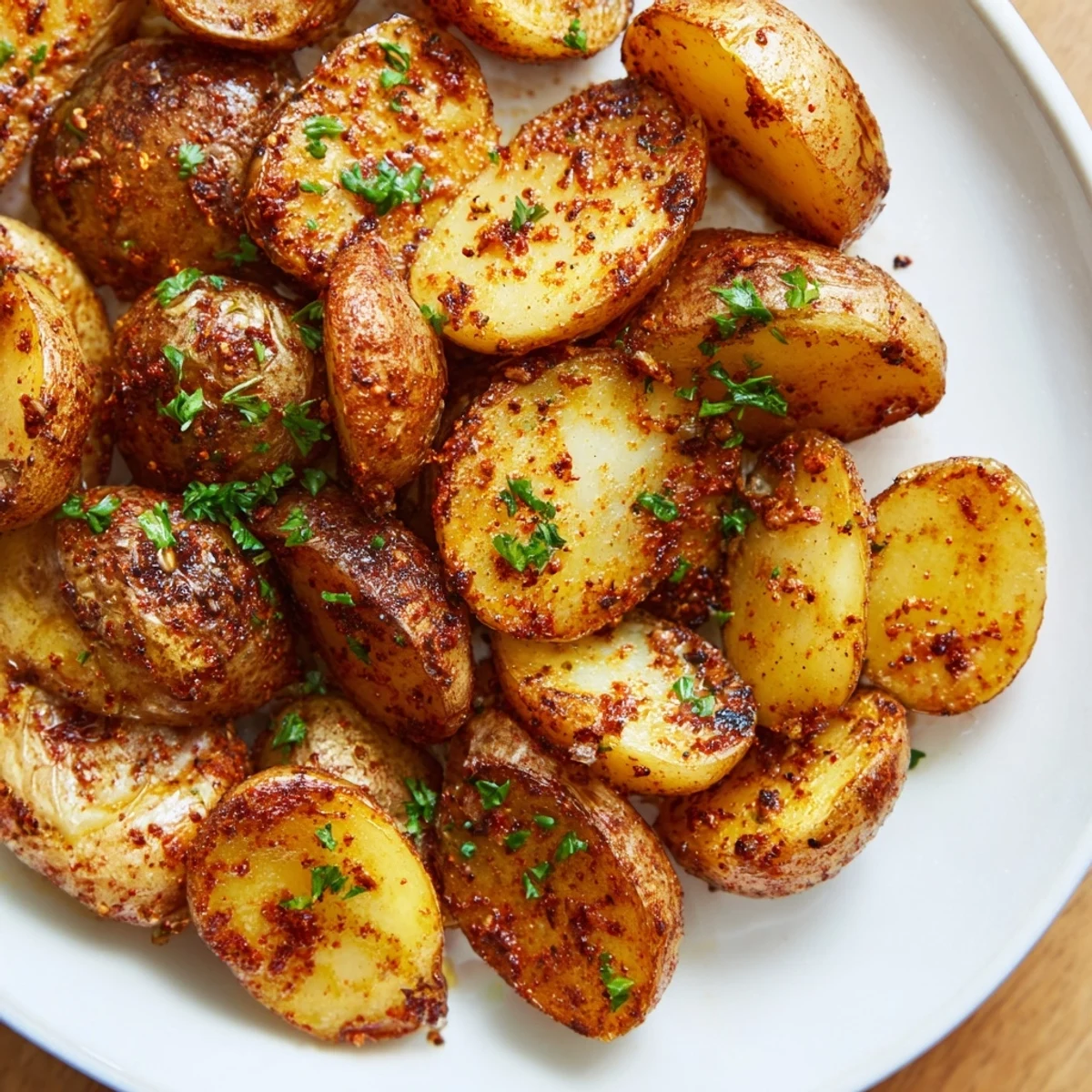 Rustic platter of Cajun Spiced Roasted Potatoes paired with grilled steak and colorful bell peppers for a hearty Southern-style dinner.
