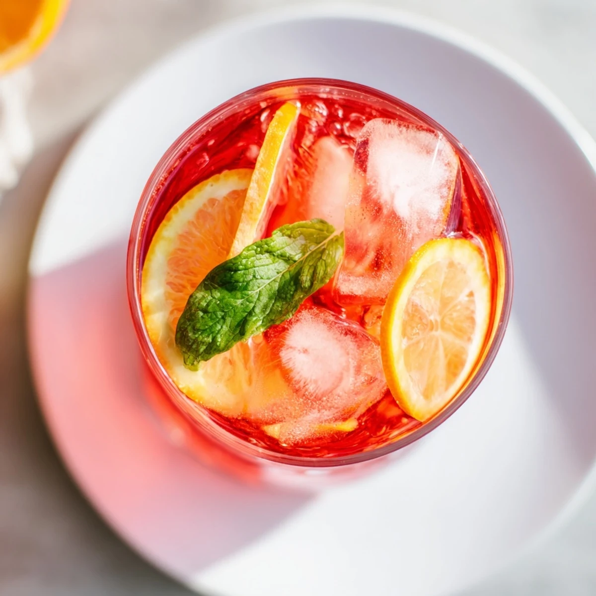 Glasses of Pink Hibiscus Iced Tea filled with ice and garnished with fresh mint and orange slices on a sunny patio table.