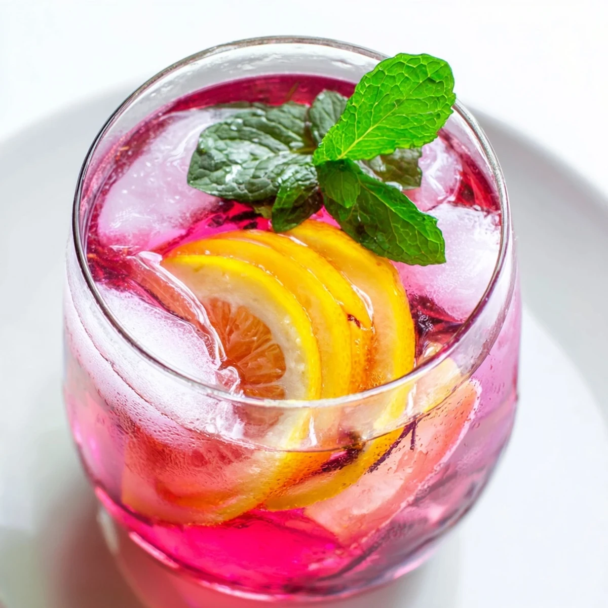 Close-up of a frosty glass of Pink Hibiscus Iced Tea garnished with lemon and mint, dripping with condensation on a warm day.