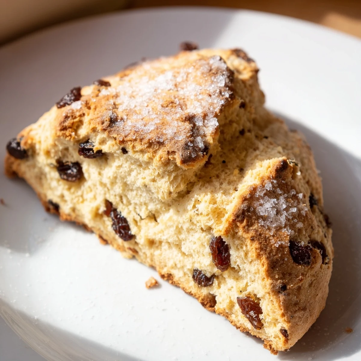 Freshly baked Irish Soda Bread Scones with golden edges and raisins, served warm on a rustic wooden board.