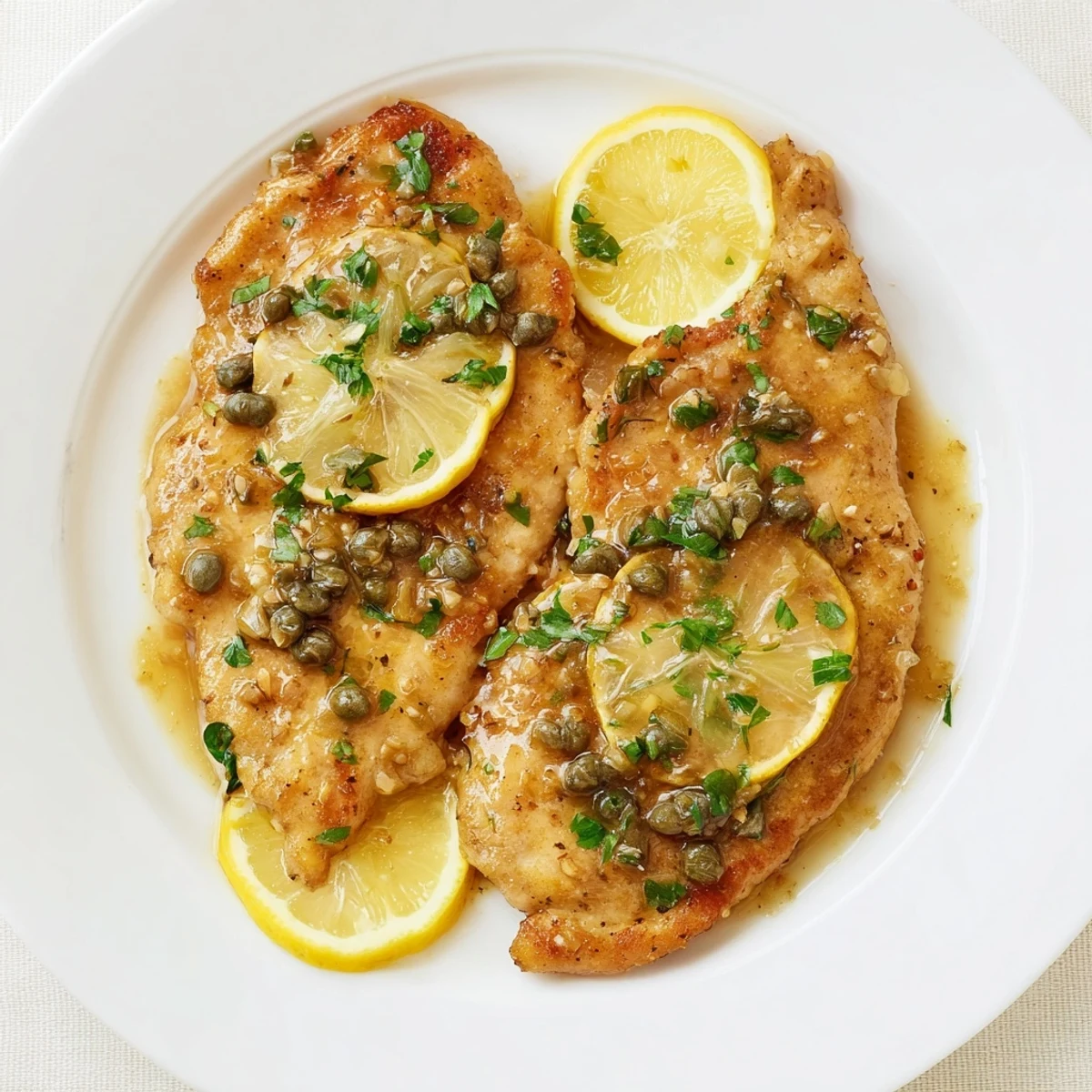 Golden-brown Date Night Chicken Piccata, drenched in a vibrant lemon-butter caper sauce.