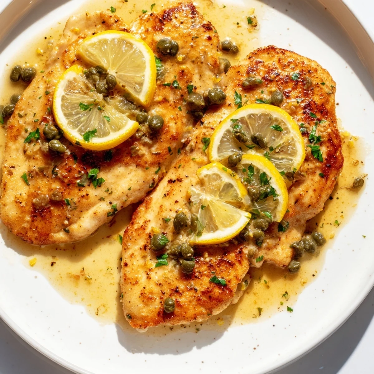 Two servings of Date Night Chicken Piccata plated next to a glass of white wine.