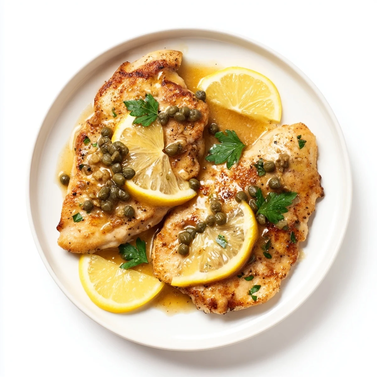 Date Night Chicken Piccata topped with fresh parsley and lemon slices, served hot over pasta.