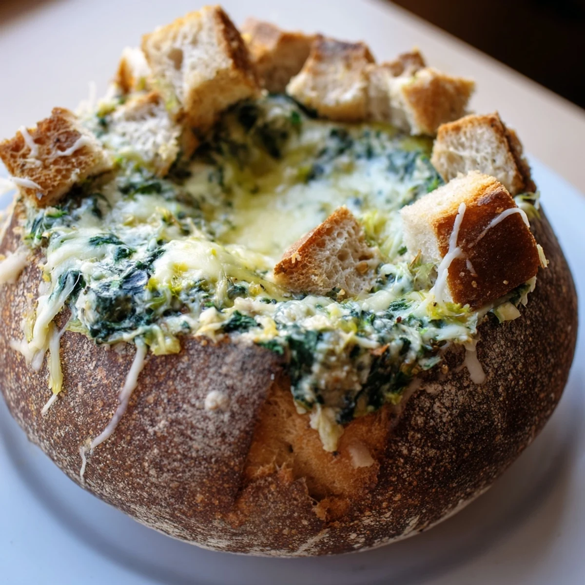 Freshly baked Super Bowl Spinach Dip in a hollowed sourdough loaf, ready to scoop with colorful veggie sticks and crackers.