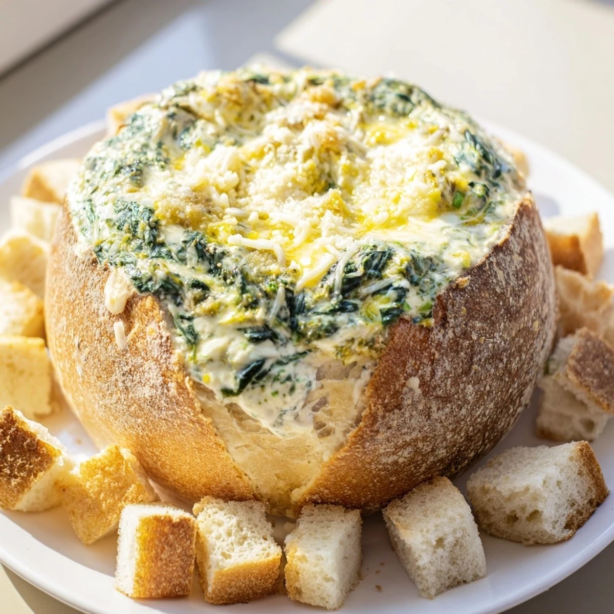 Golden, bubbly Super Bowl Spinach Dip baked inside a crusty sourdough bread bowl, served warm with bread pieces.