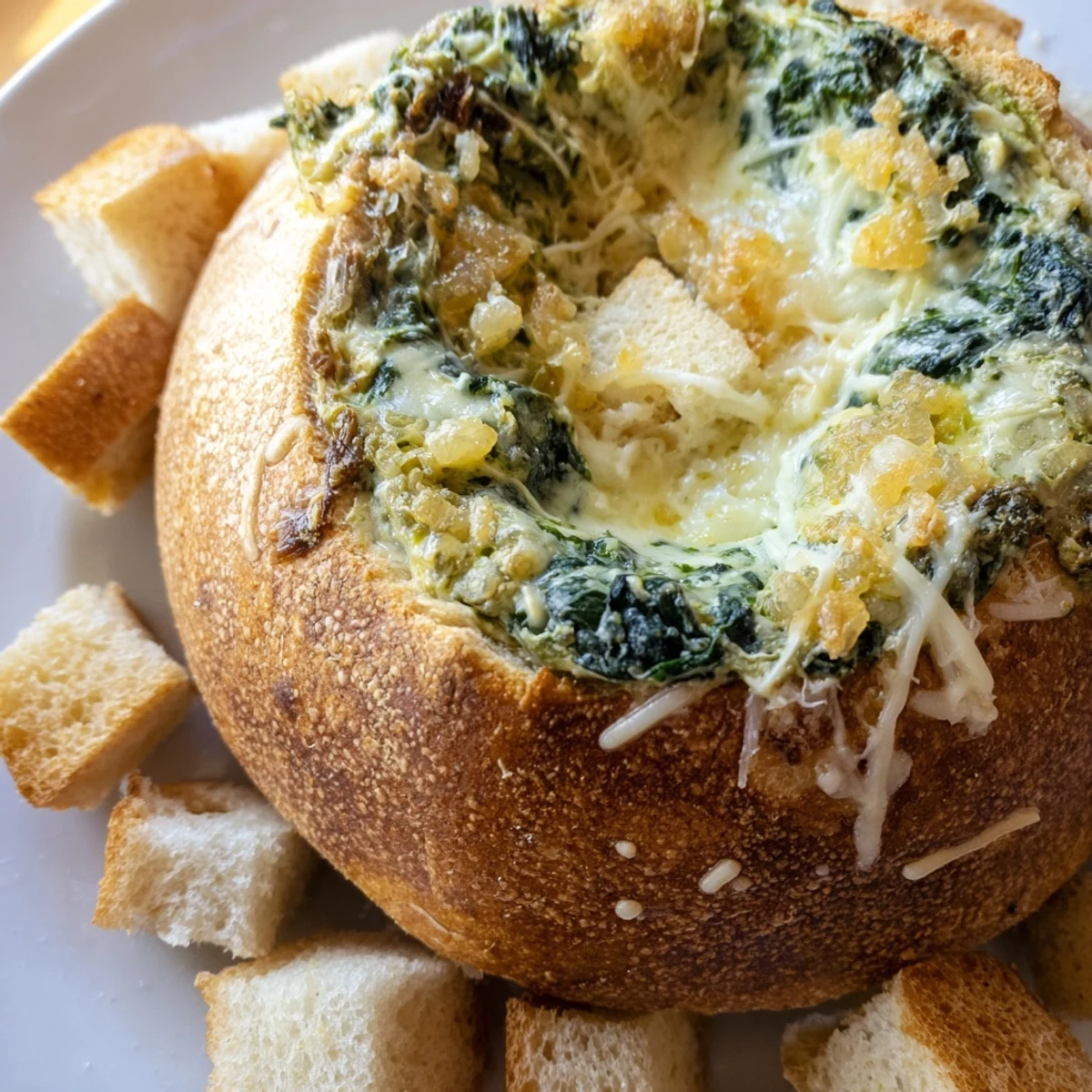 Cheesy, creamy Super Bowl Spinach Dip steaming in a rustic bread bowl, surrounded by dipper pieces on a festive platter.