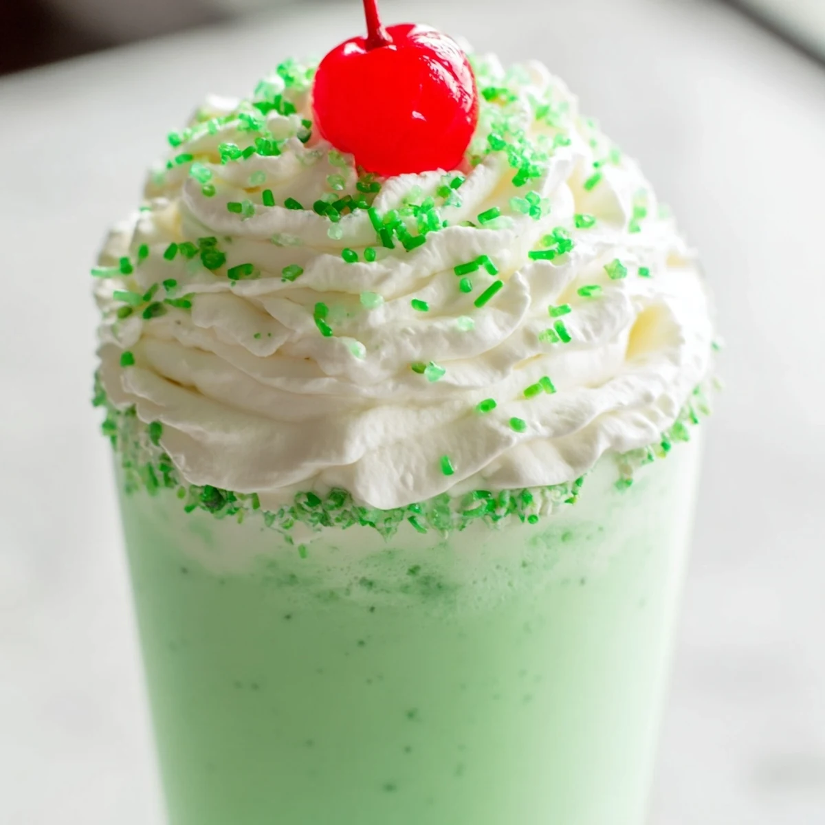 Close-up of a creamy, vibrant green Shamrock Mint Milkshake in a tall glass, garnished with sprinkles and a cherry.