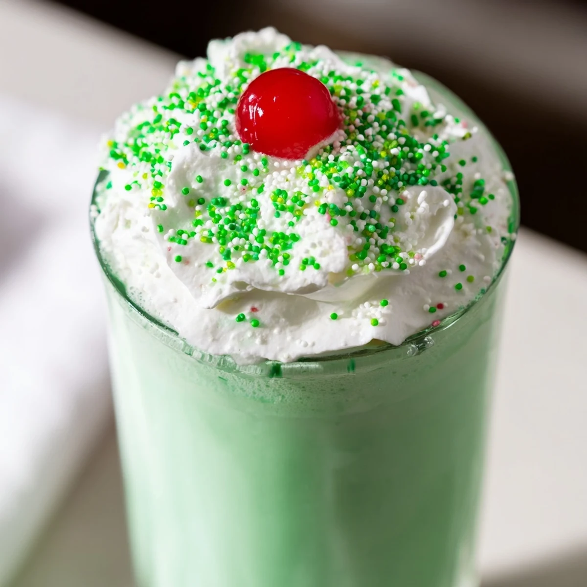 Chilled Shamrock Mint Milkshake with a fluffy whipped cream topping and a bright maraschino cherry, ready to enjoy.