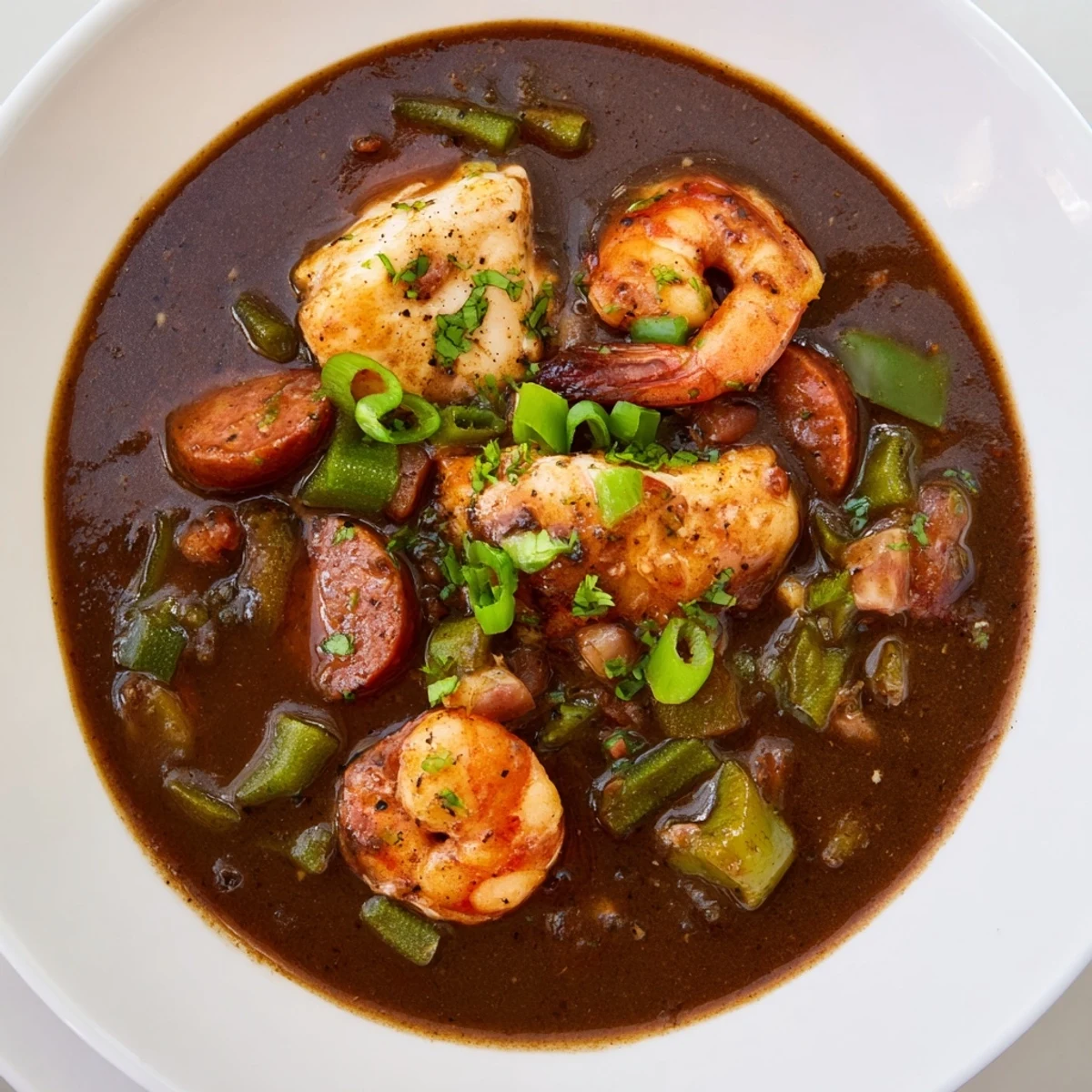 Creole Seafood Gumbo with Okra steaming in a rustic bowl, served over fluffy white rice and garnished with fresh parsley and green onions.
