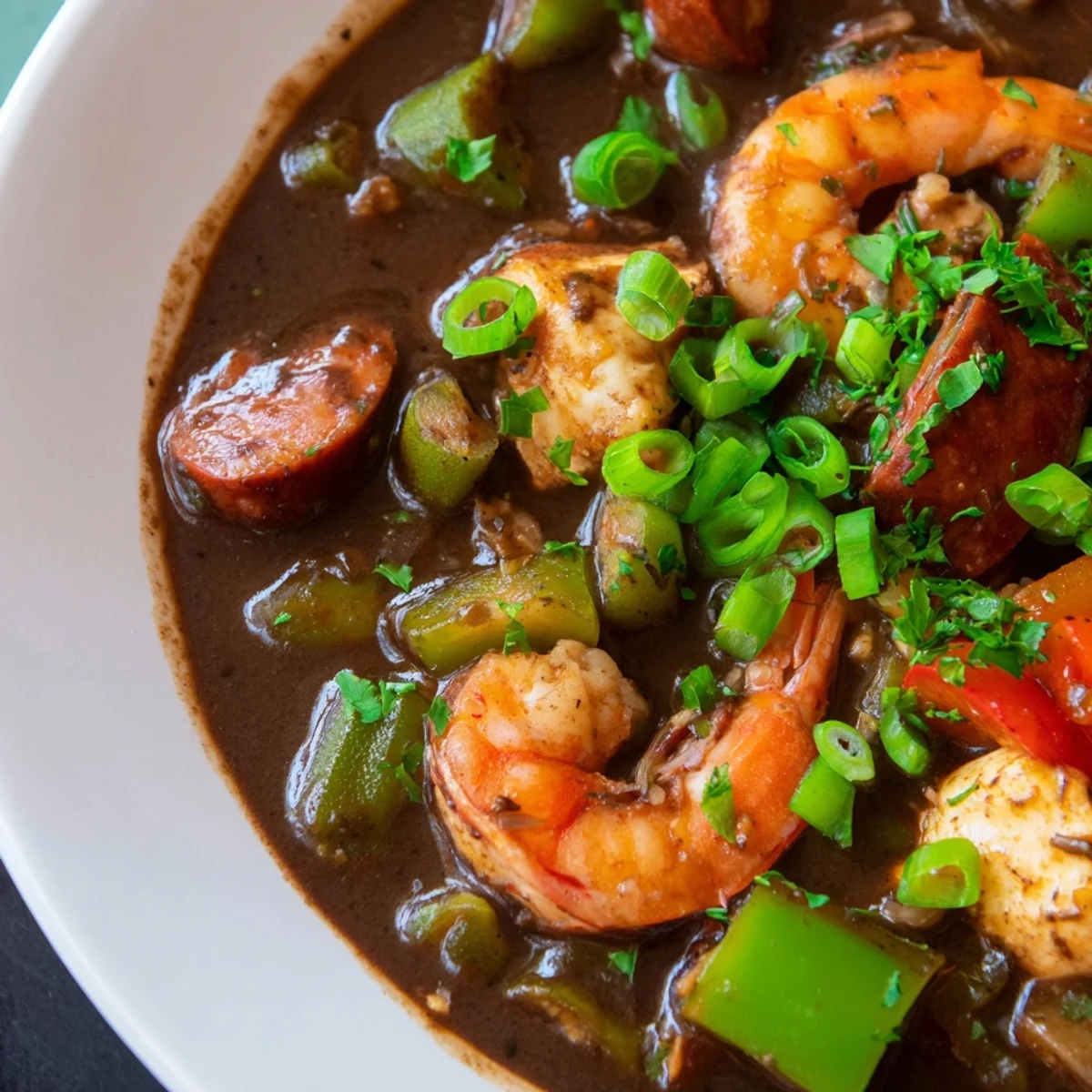 A close-up of Creole Seafood Gumbo with Okra showing tender shrimp, crab, andouille sausage, and fresh okra slices in a rich, dark roux broth.