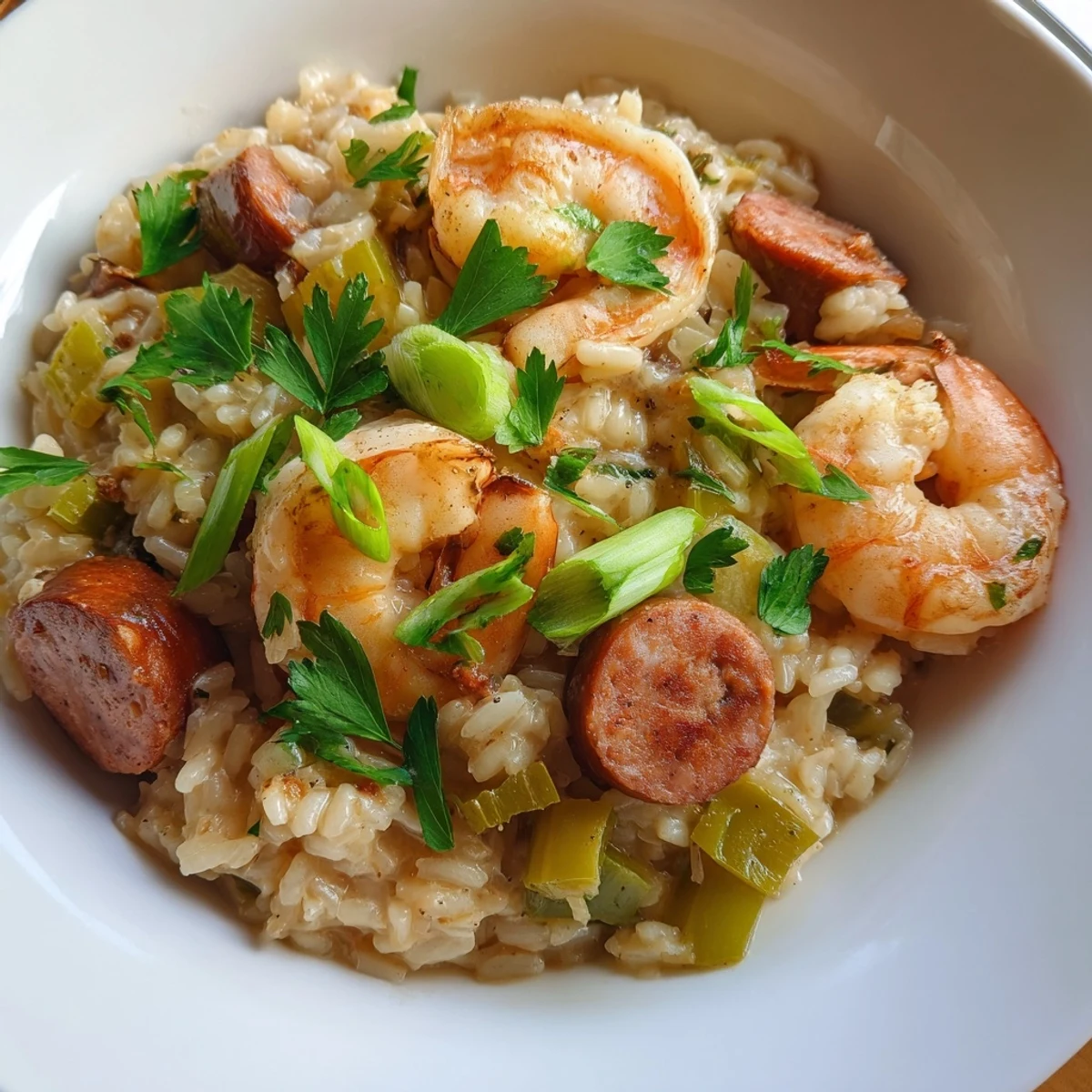 Close-up view of creamy Creole Jambalaya Risotto featuring juicy shrimp andouille sausage and diced vegetables.