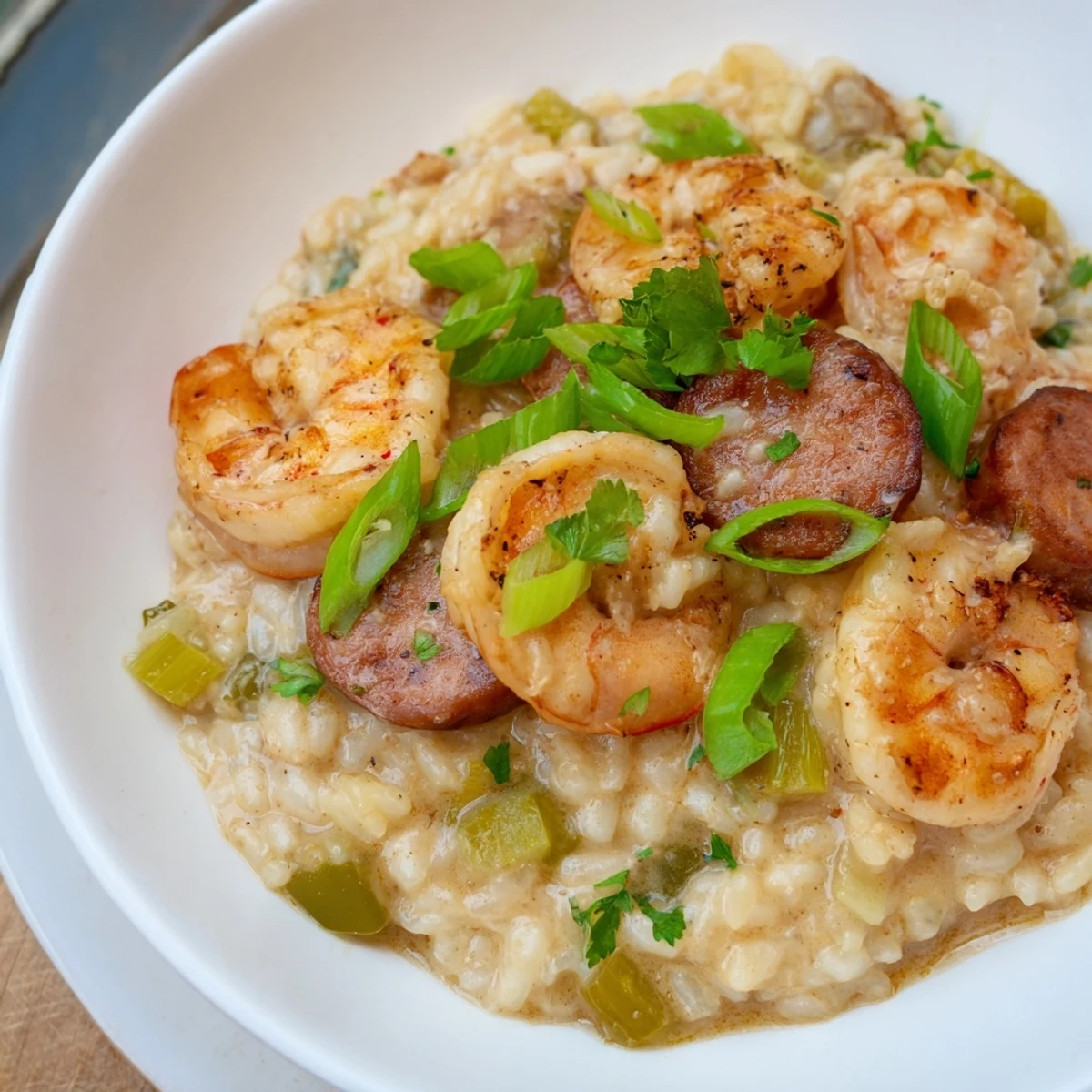 Plated Creole Jambalaya Risotto with Shrimp garnished with fresh parsley and spring onions, steaming hot.