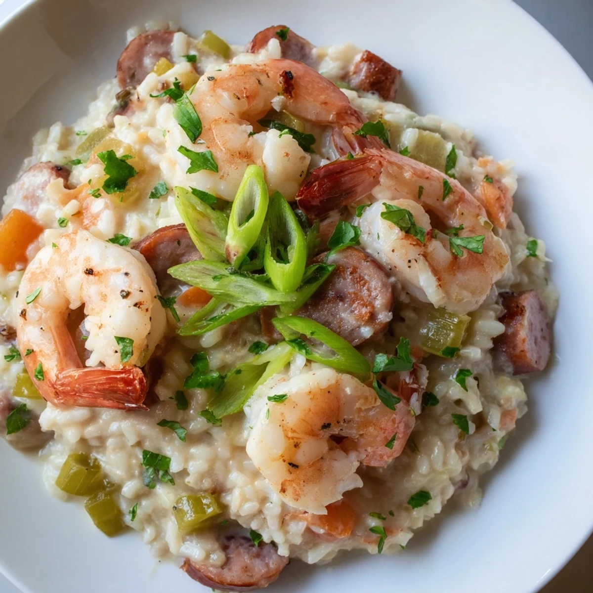 Serving suggestion for Creole Jambalaya Risotto with Shrimp paired with a crisp white wine.