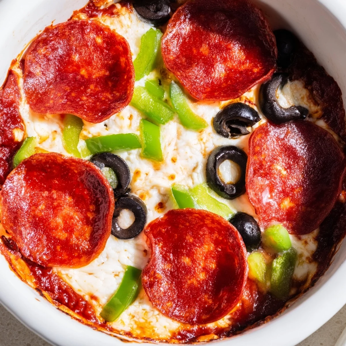 Golden, bubbly Pepperoni Pizza Dip with beef pepperoni, served hot with toasted breadsticks for dipping.