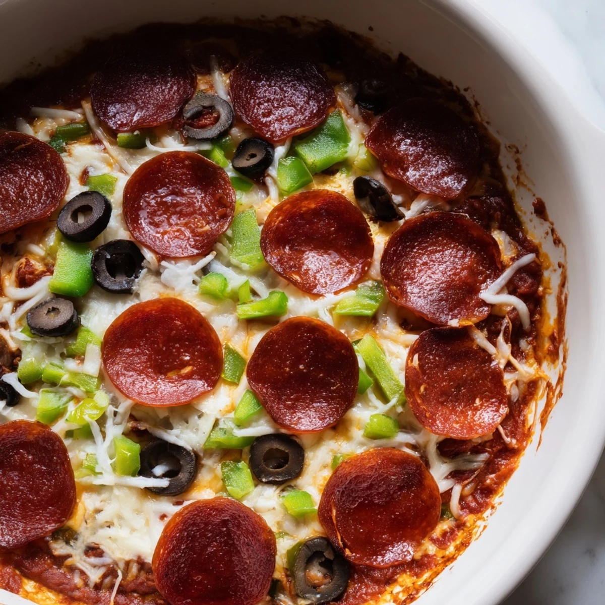Freshly baked Pepperoni Pizza Dip with gooey melted cheese and black olives on top.