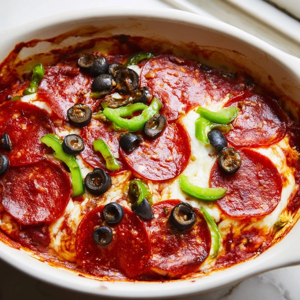 Pepperoni Pizza Dip baking in a dish with melted cheese and beef pepperoni slices.