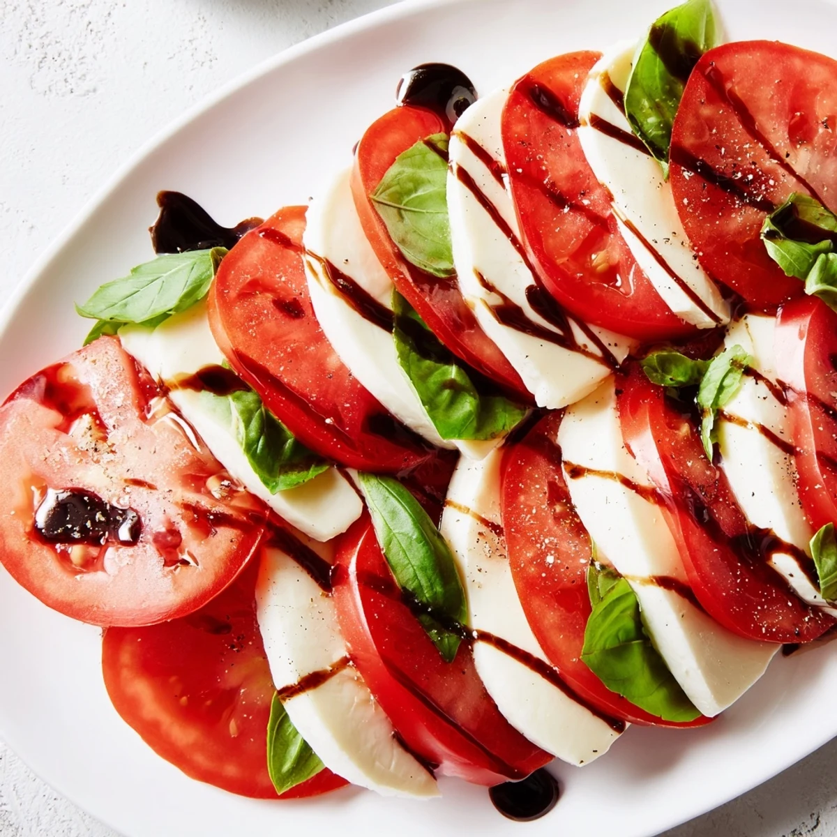 Fresh heart-shaped mozzarella and vibrant red tomatoes layered with basil on a platter, drizzled with sweet balsamic glaze for a romantic Caprese salad.
