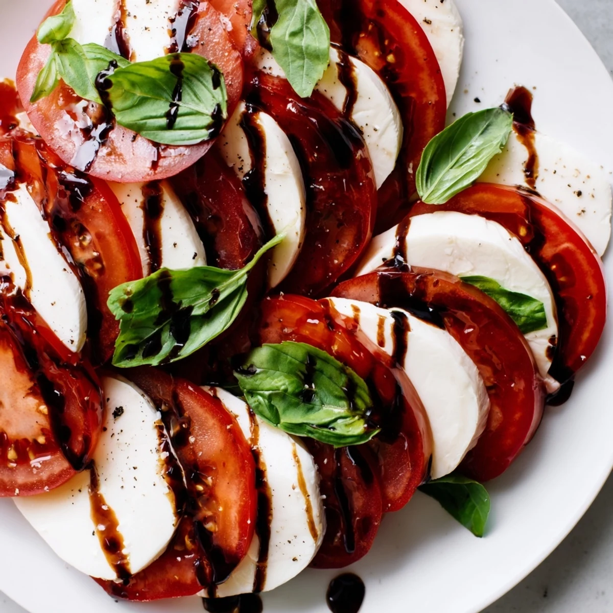 A close-up of the Heart Caprese Salad showing juicy tomato hearts, creamy mozzarella, and a glossy swirl of homemade balsamic glaze.