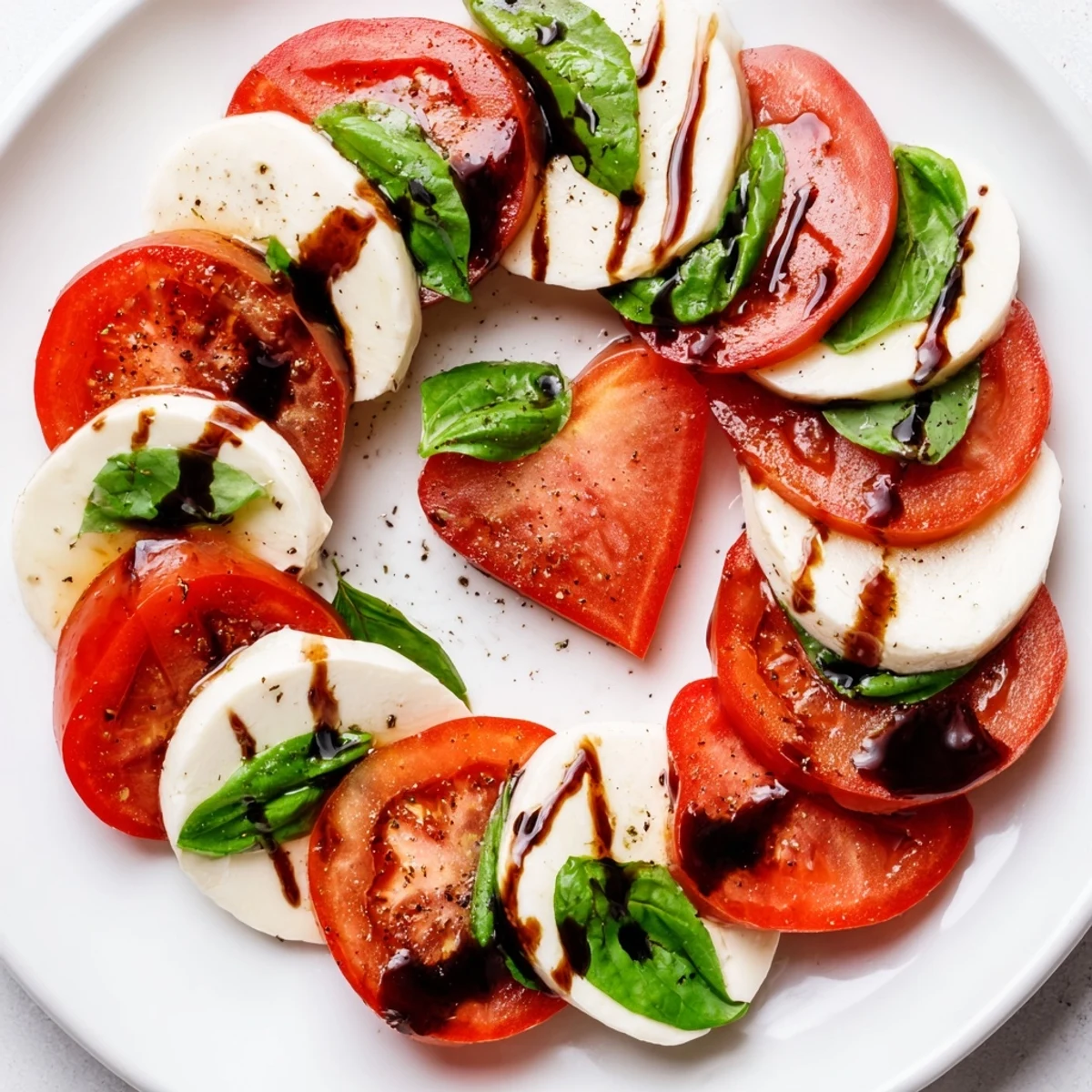 Perfectly arranged Heart Caprese Salad with Balsamic Glaze on a wooden board, topped with fresh basil leaves and ready to serve as an elegant starter.