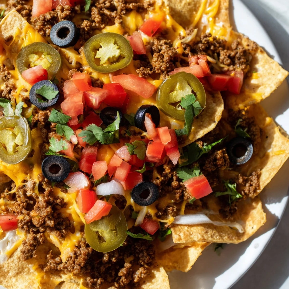 Golden melted cheese and seasoned ground beef smother crispy tortilla chips on this irresistible nacho platter, topped with fresh tomatoes and jalapeños.