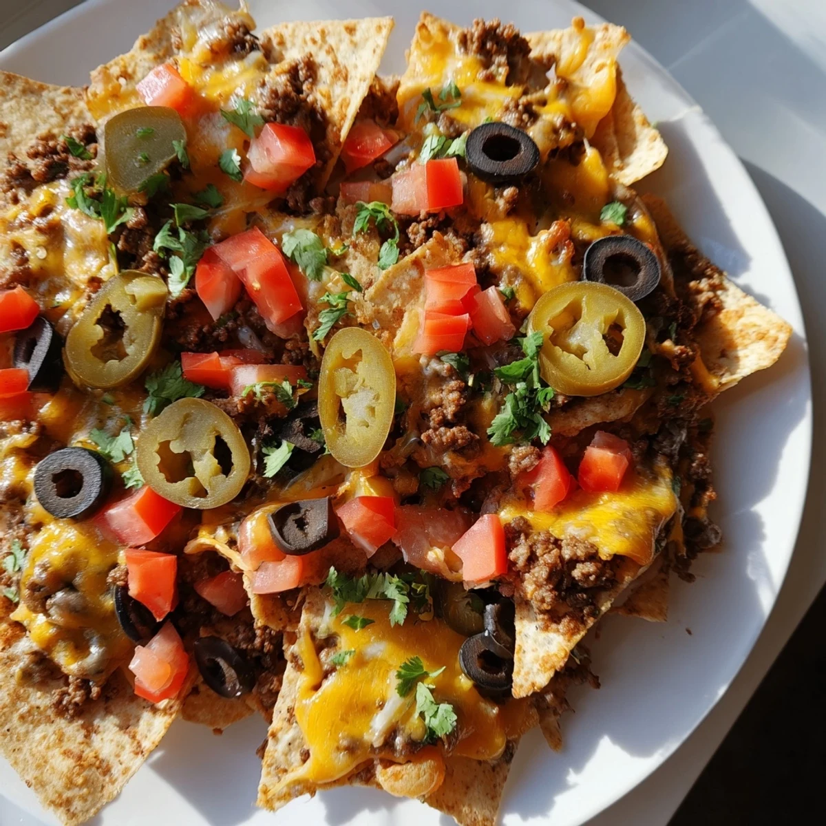 A loaded nacho platter with ground beef and cheese, ready for game night, garnished with sour cream, guacamole, and fresh cilantro.