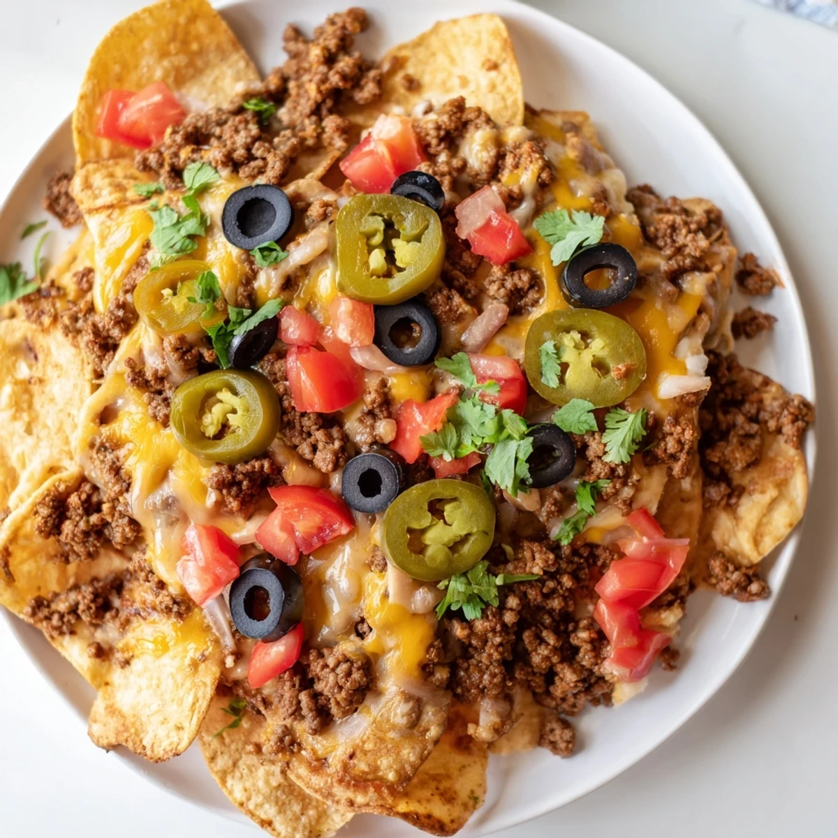 Tex-Mex nacho platter features savory ground beef, black beans, and melted cheddar over crunchy chips, served with salsa for dipping.