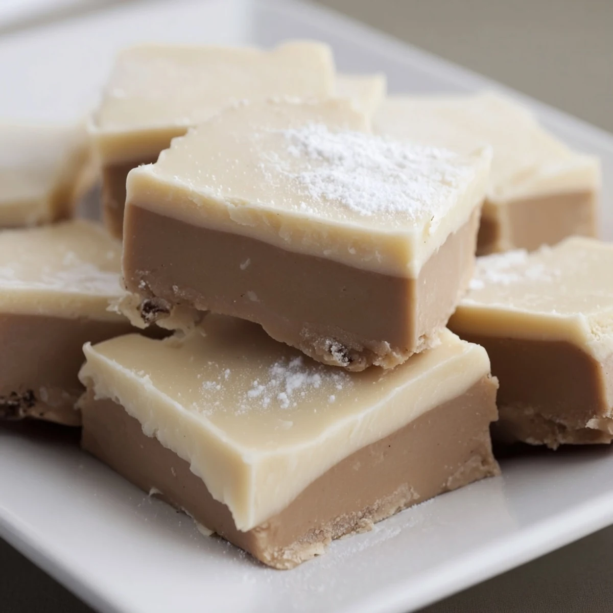 Irish Cream Fudge without Alcohol squares stacked on a white plate, perfect for gifting or holiday dessert platters.