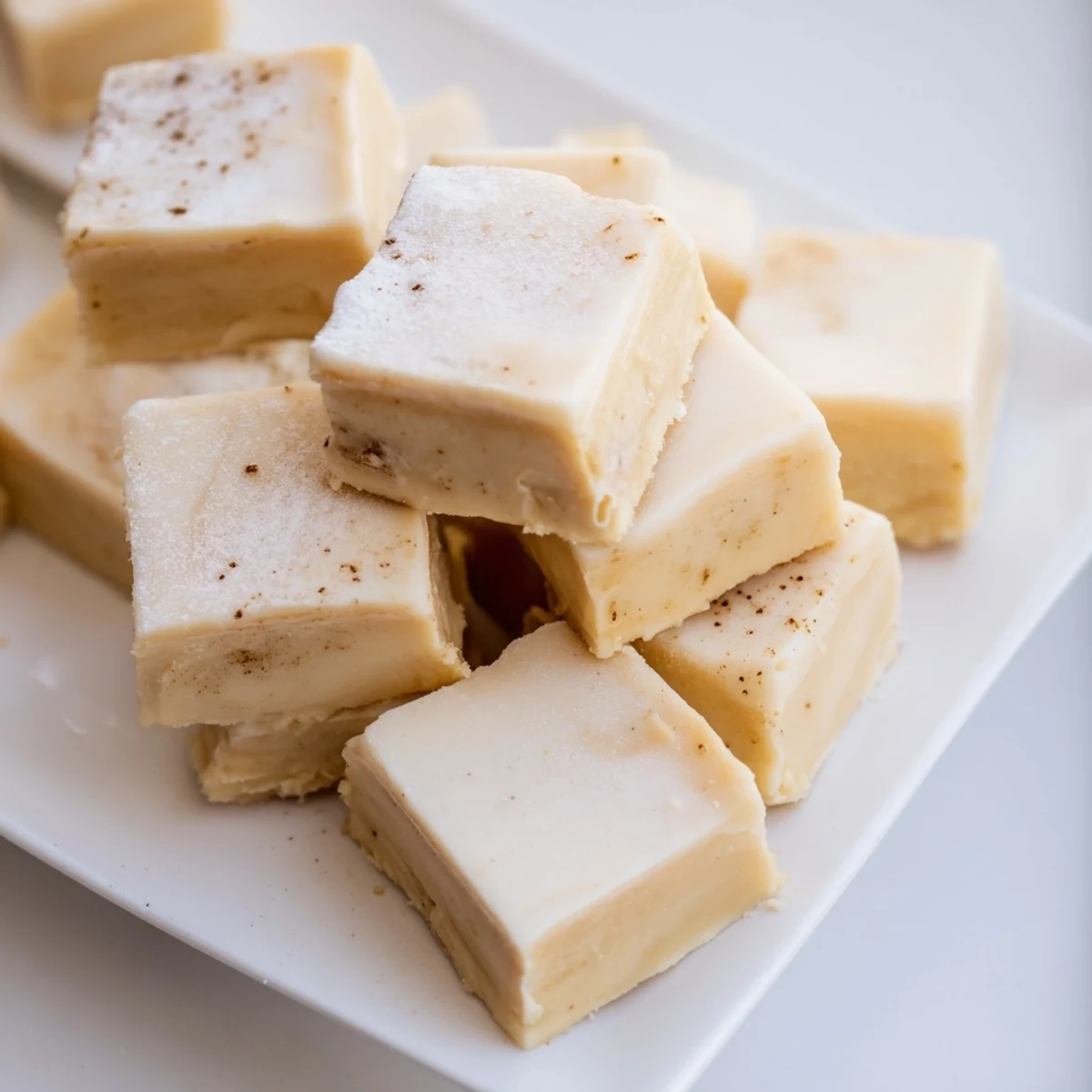 Homemade Irish Cream Fudge without Alcohol cut into neat squares, ready to serve with hot cocoa or coffee.