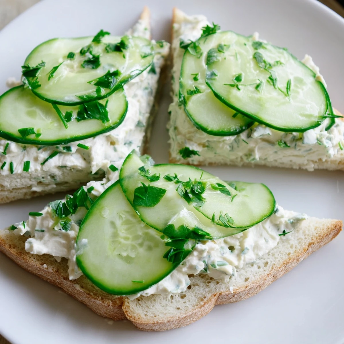 Close-up view of Cucumber Sandwiches with Herb Cream Cheese, showing a generous layer of the creamy herb spread.