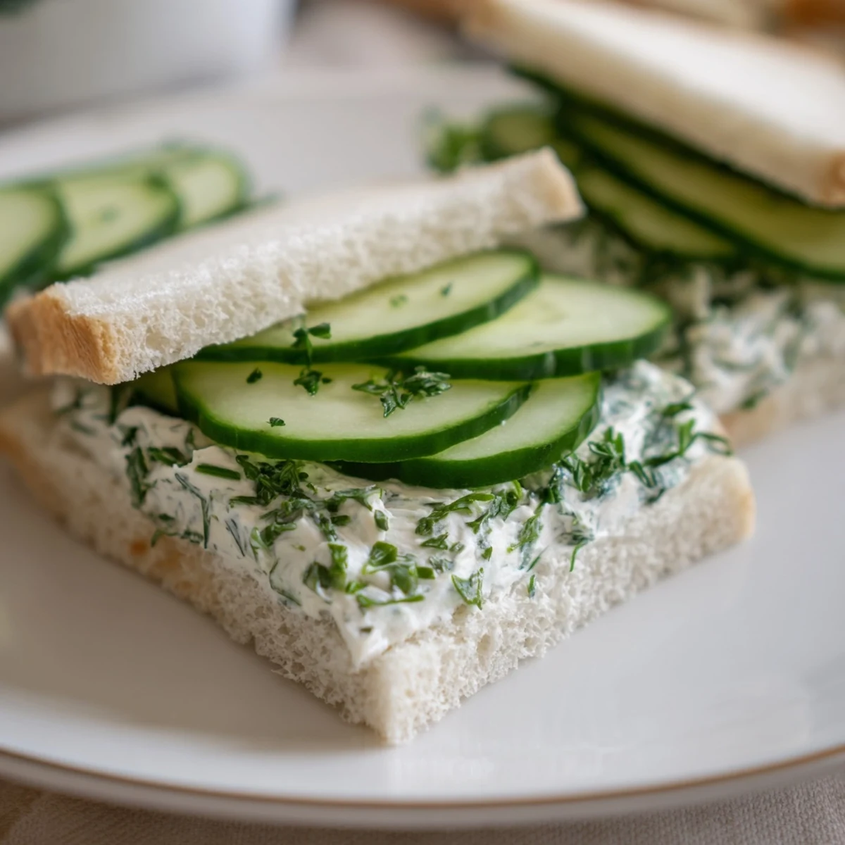 Plate of elegant Cucumber Sandwiches with Herb Cream Cheese, served as a tea-time snack garnished with fresh dill. 