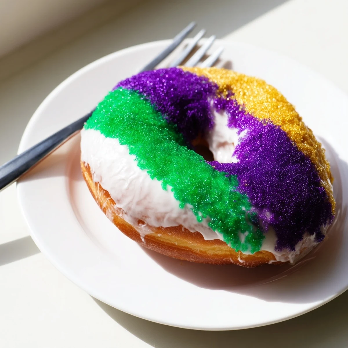 Golden fried Mardi Gras donuts dripping with white icing, topped with vibrant purple, green, and gold sparkling sugars.
