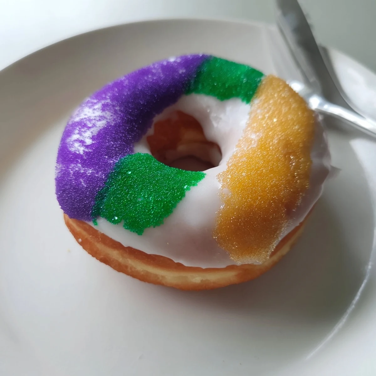 Freshly fried Mardi Gras donuts on a cooling rack, ready to be decorated with colorful festive sugars.