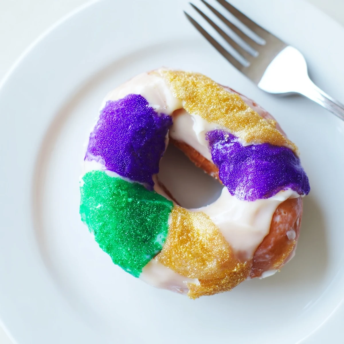 Warm Mardi Gras donuts coated in sweet vanilla icing, arranged with purple, green, and gold sugar toppings.
