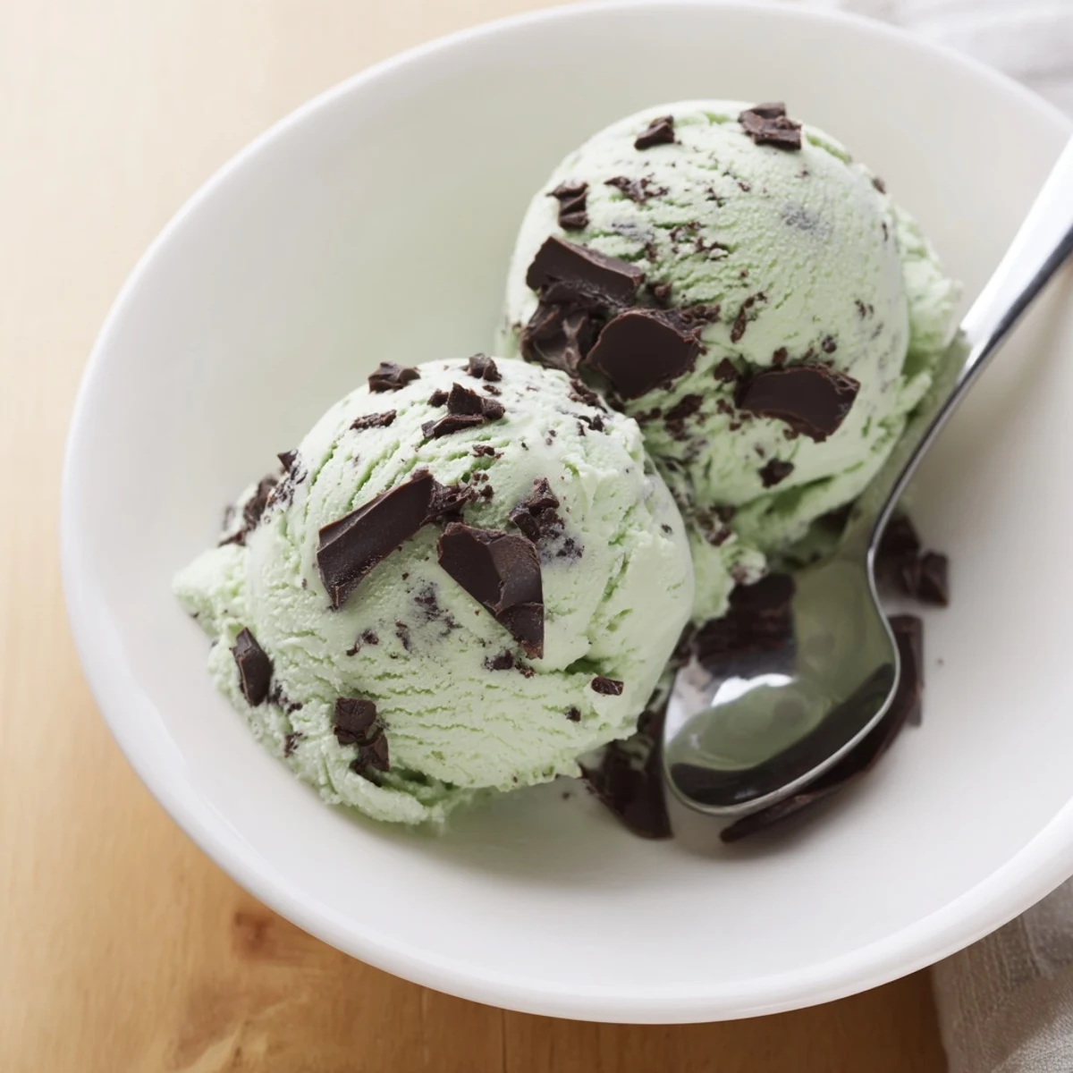 A generous scoop of homemade Mint Chocolate Chip Ice Cream sits in a waffle cone, flecked with dark chocolate pieces.
