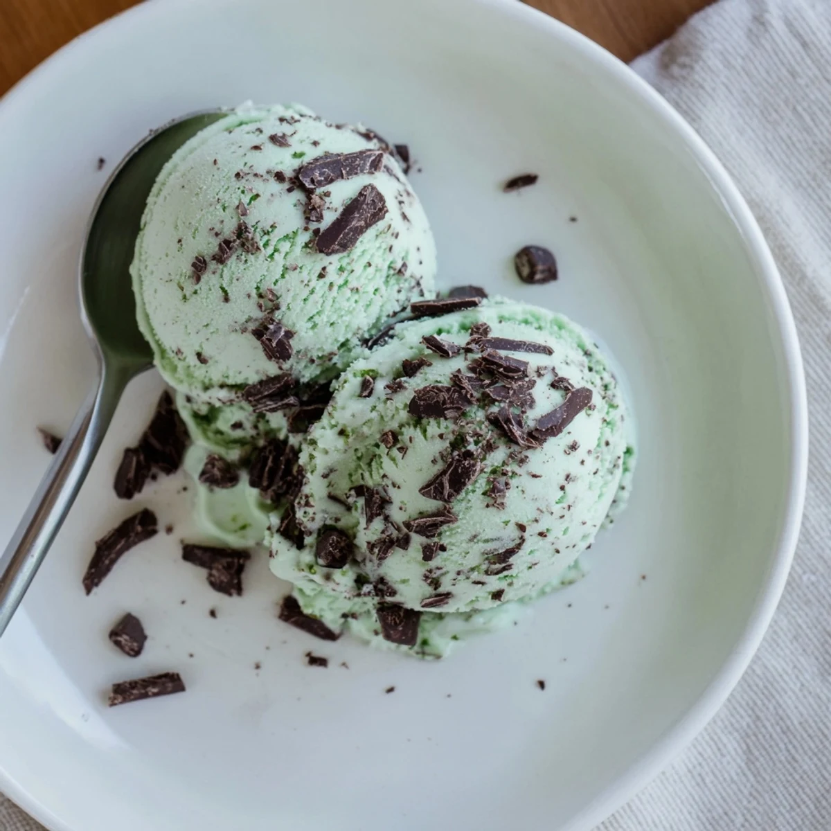 Close-up of homemade Mint Chocolate Chip Ice Cream in a white bowl, showing velvety texture and rich chocolate chunks.