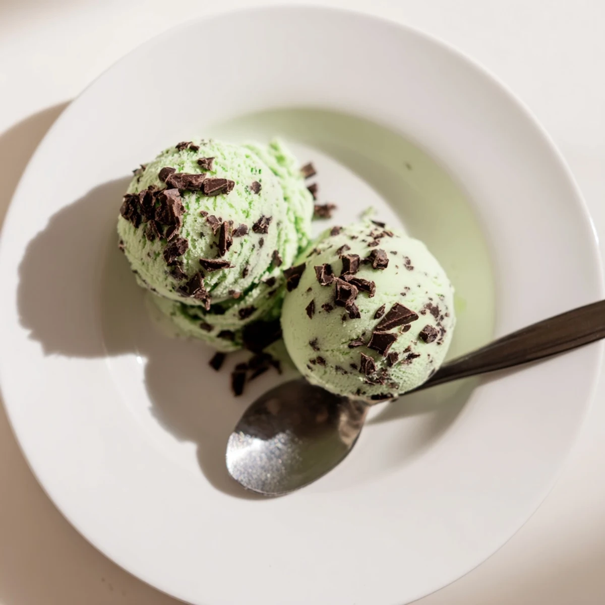 A chilled glass bowl displays creamy Mint Chocolate Chip Ice Cream, swirled with green mint and dark chocolate shards.