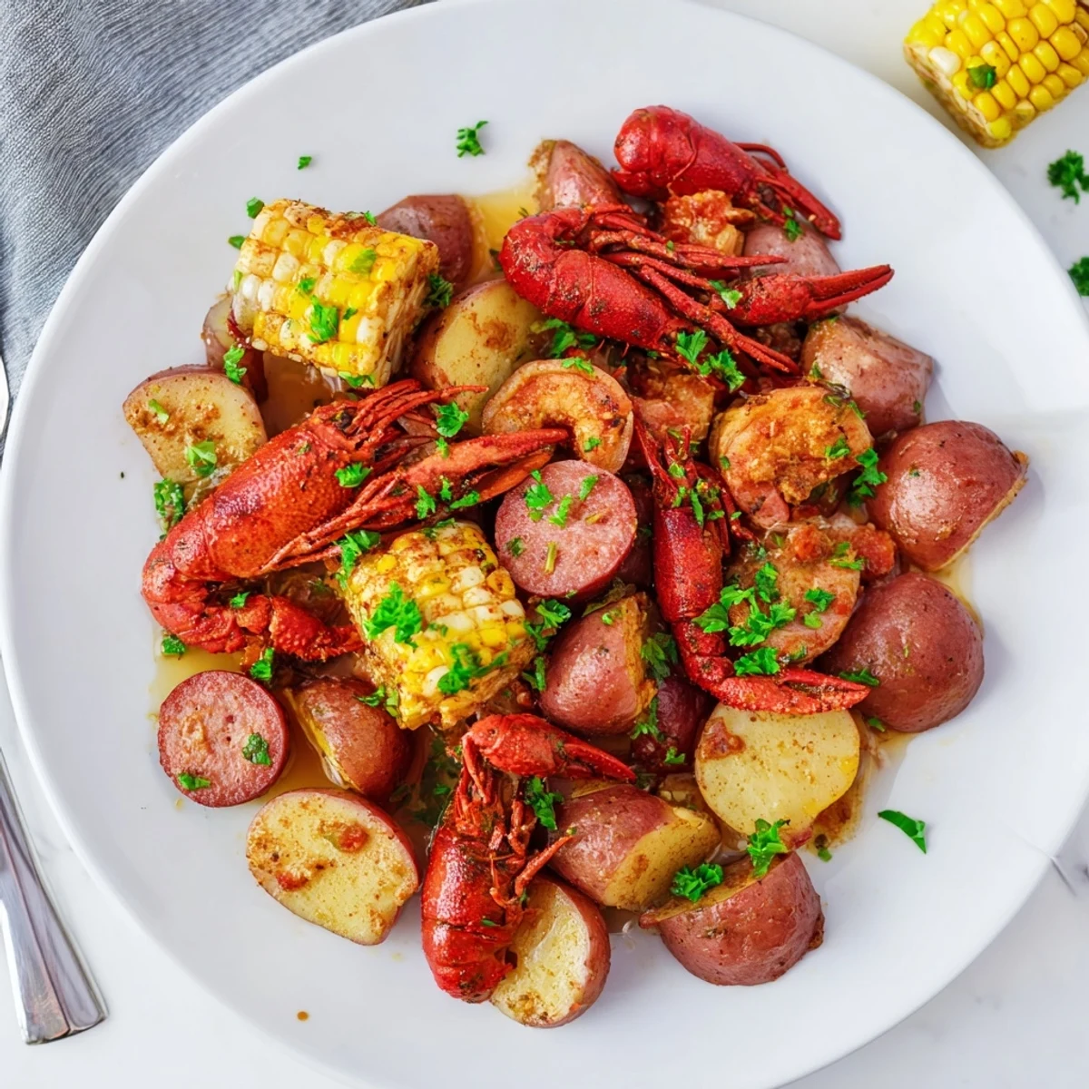 Juicy crawfish tails, halved potatoes, andouille sausage pieces, and corn cobs glistening with melted butter and fresh parsley garnish.