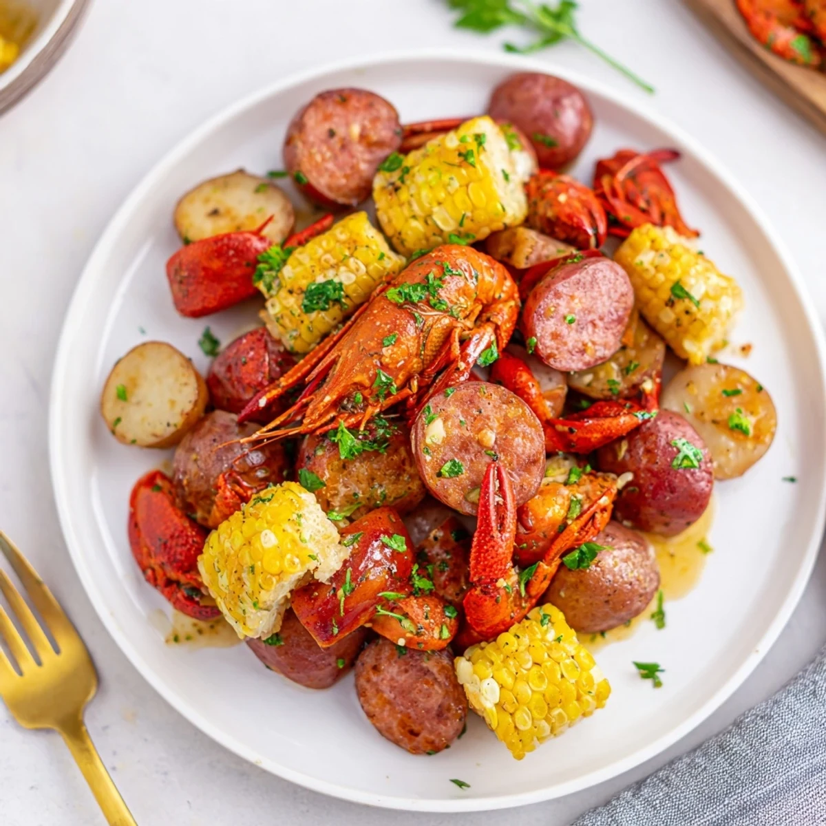 A steaming platter of Louisiana Style Crawfish Boil with bright red crawfish, golden corn, and tender potatoes on a newspaper-lined table.