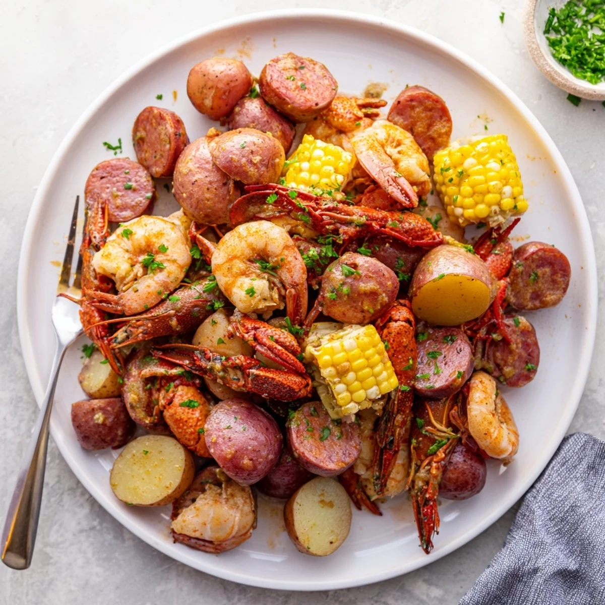 Hearty Louisiana Style Crawfish Boil ingredients like potatoes, corn, and crawfish arranged for a classic Southern family-style feast.