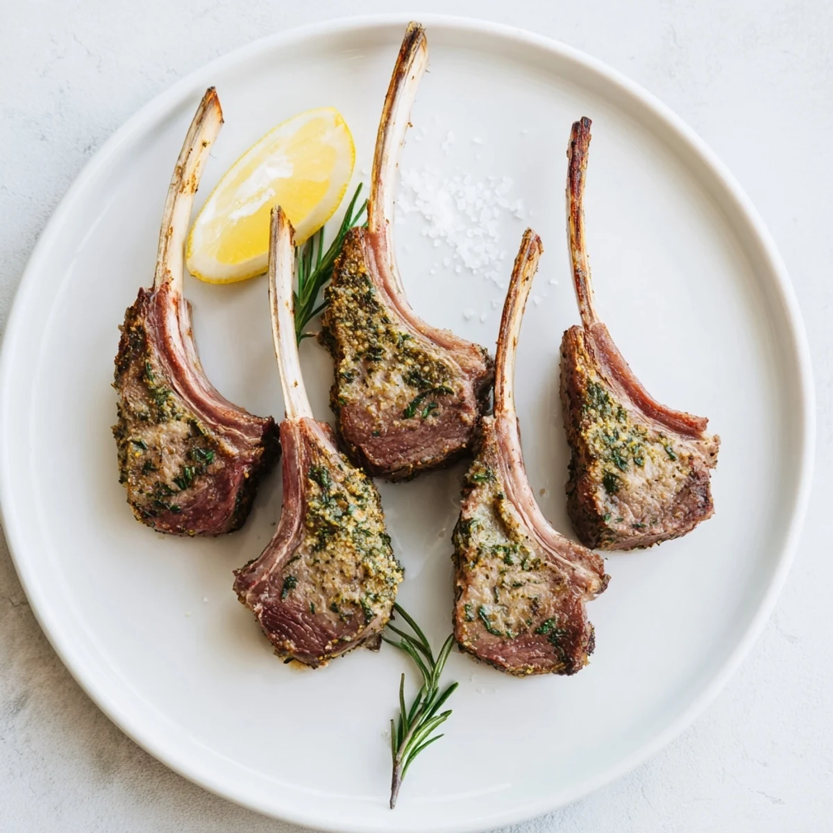 Juicy herb-crusted roasted rack of lamb, sliced into tender chops, resting on a platter with fresh rosemary sprigs and lemon wedges for serving.  