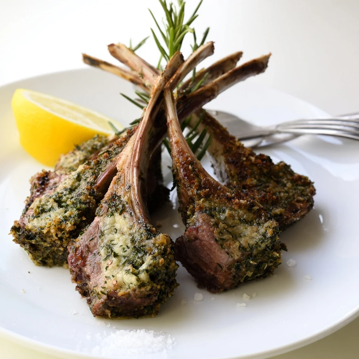 A close-up of a glistening, perfectly cooked roasted rack of lamb coated in fragrant herbs, ready to be served alongside roasted potatoes and a crisp salad.  